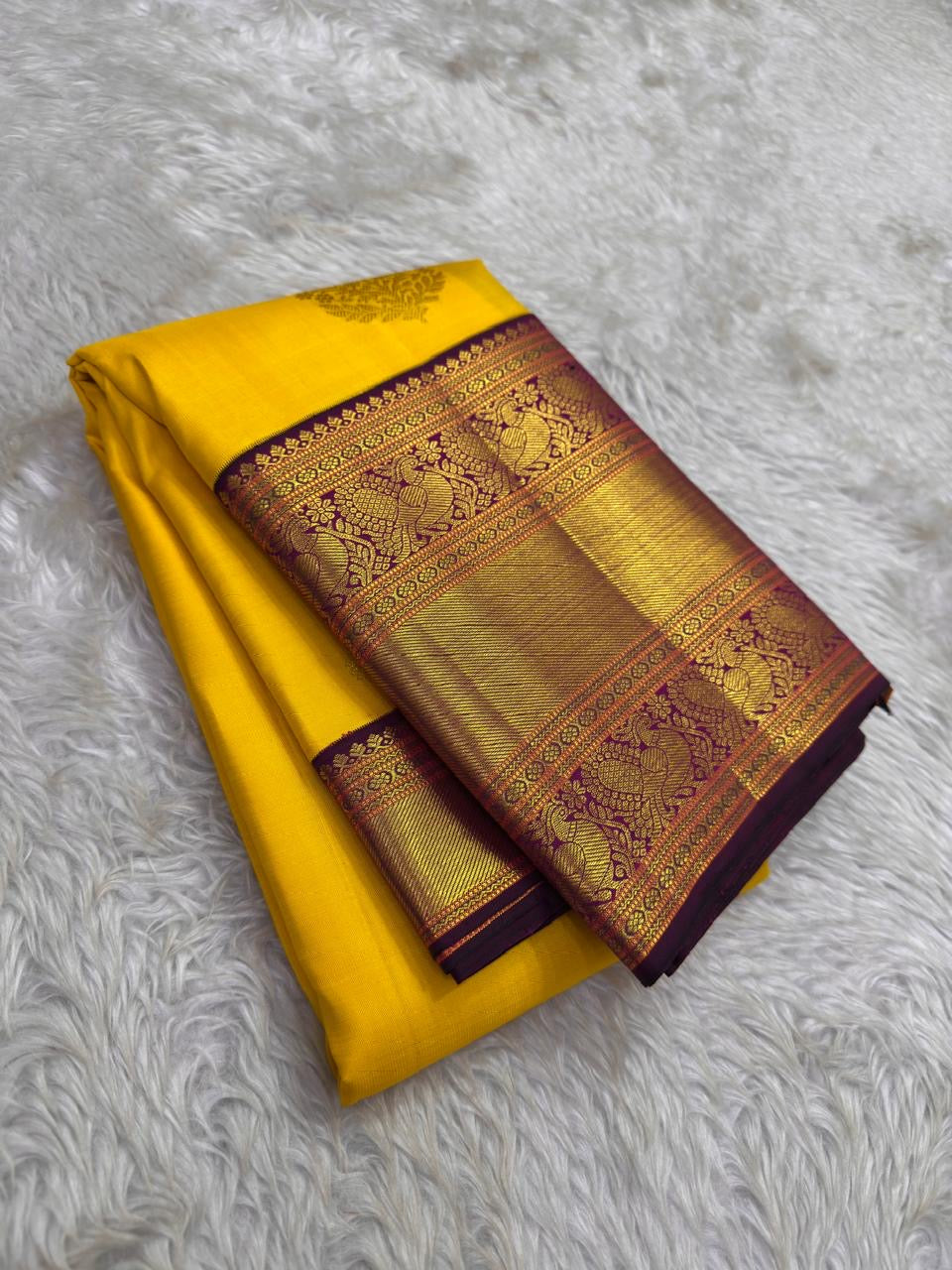 Golden Yellow Handwoven Pure Silk Kanchipuram Saree with Aubergine Korvai Border