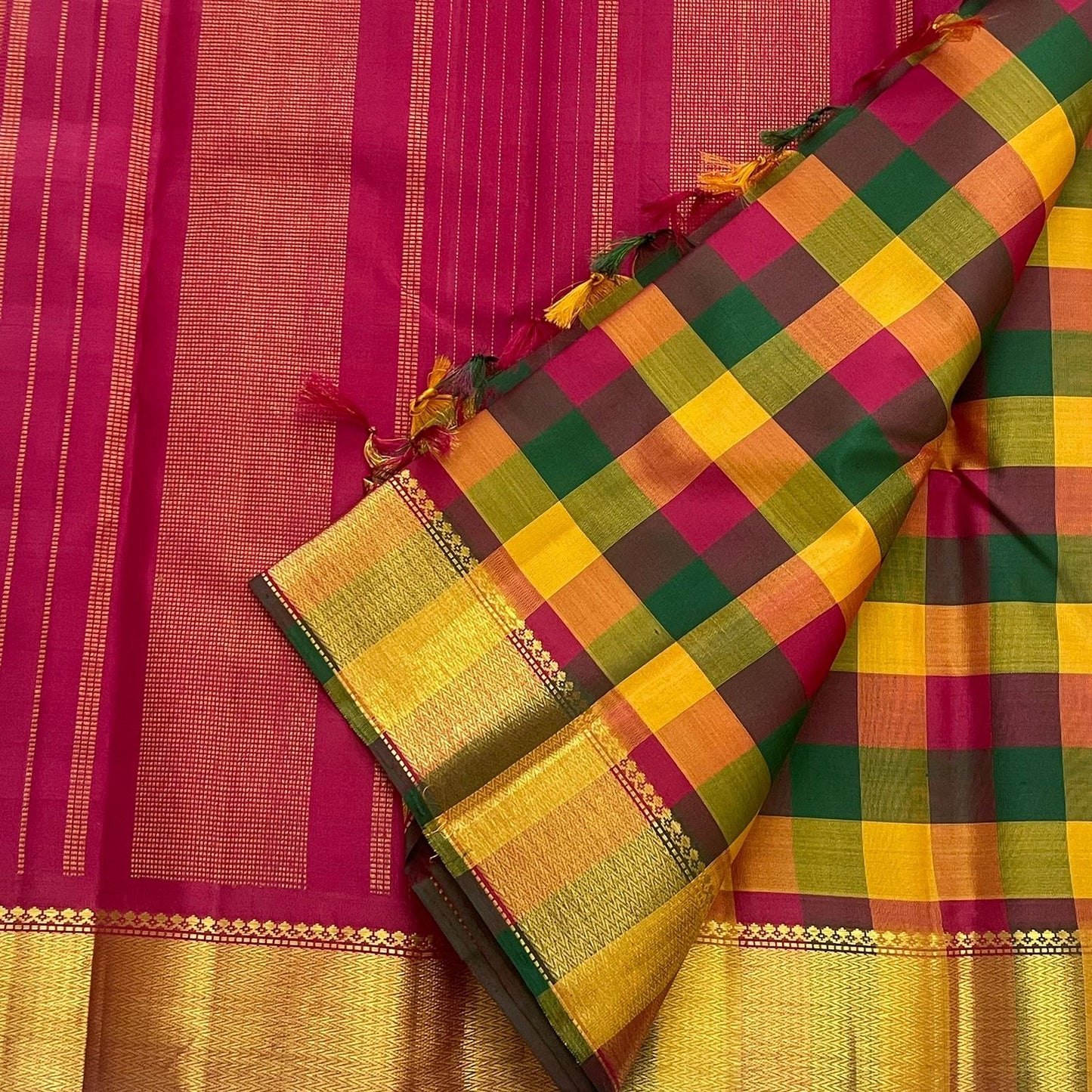 Turmeric yellow Kanjeevaram silk saree with multicolour checked body and traditional zari border