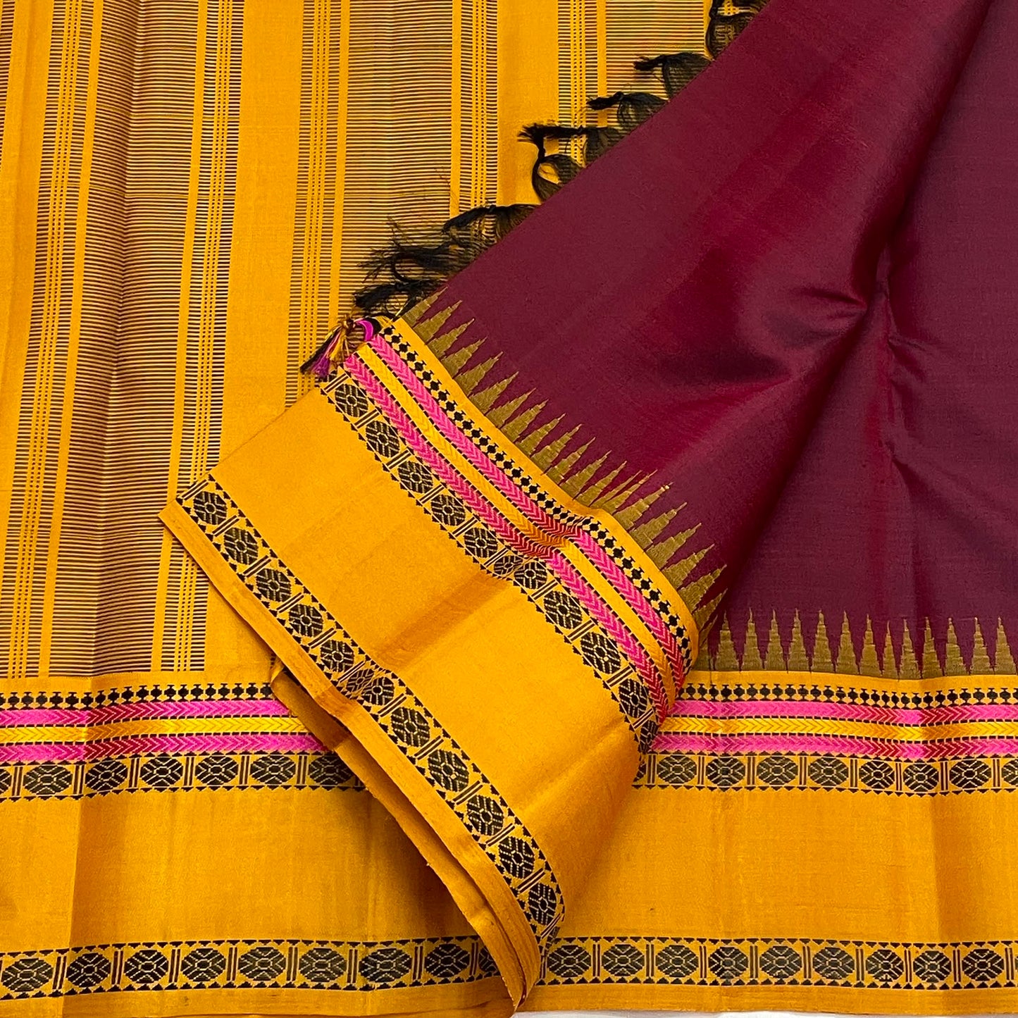 Mulberry Maroon Handwoven Pure Silk Kanchipuram Pattupet Saree with Turmeric Yellow Border