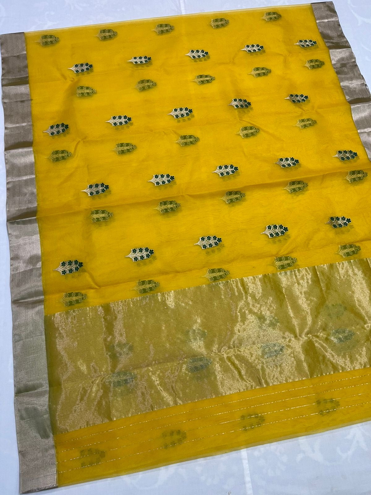 Pure silk mustard yellow Chanderi handloom saree ready to ship from USA