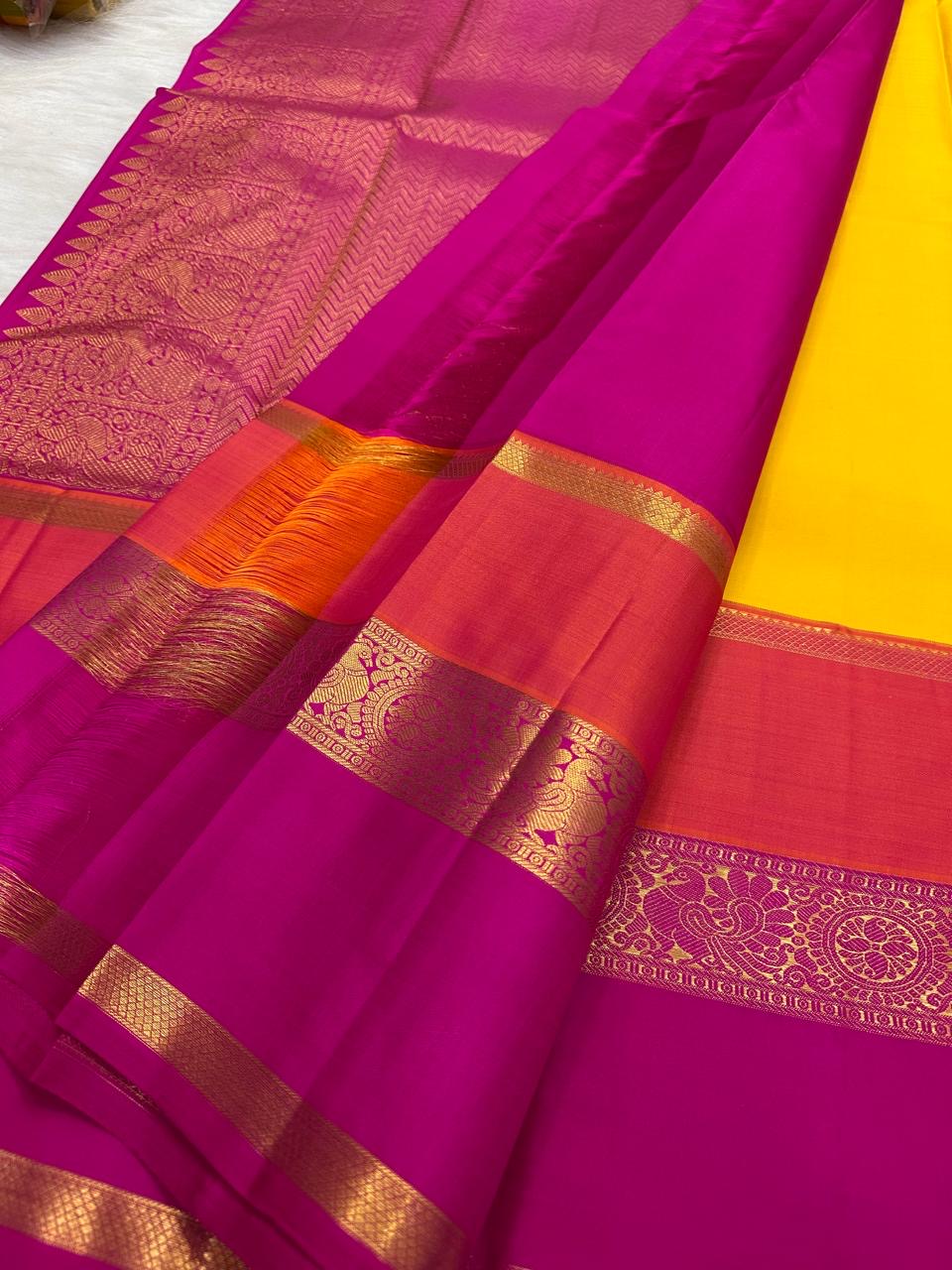 Turmeric Marigold Handwoven Pure Silk Kanchipuram Saree with Varnajaalam Multicolour Border