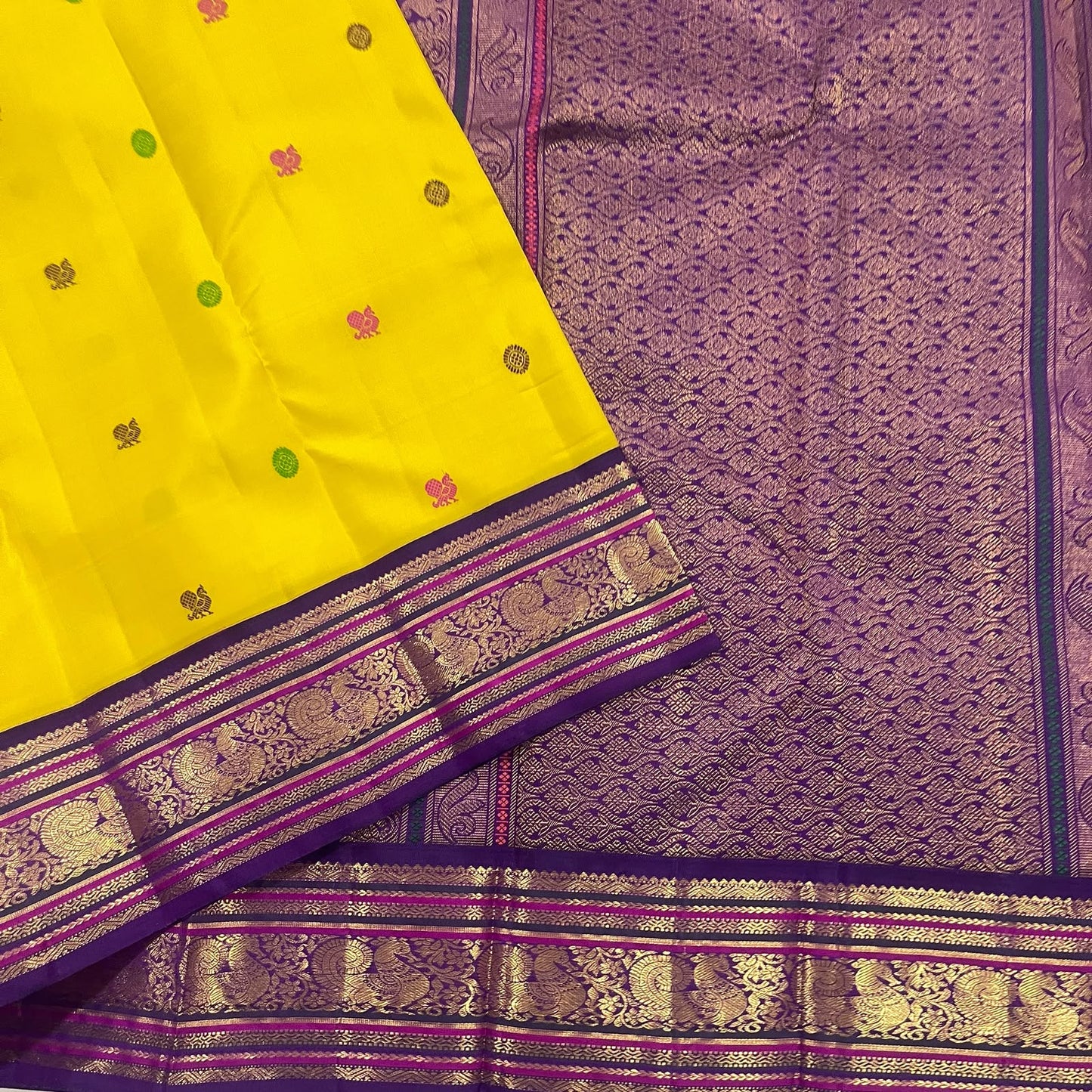 Turmeric Yellow pure silk Kanchipuram saree — purple butta border