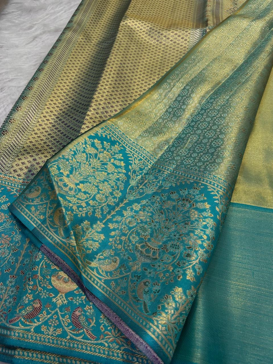 Turquoise banarasi inspired brocade kanchipuram (detail 2) – Idam Living Pure Silk Kanchipuram saree