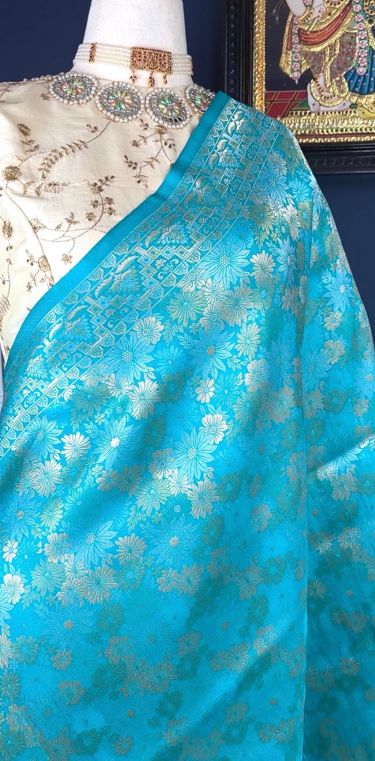 Turquoise Blue Banarasi handloom saree with Sona Rupa silver and gold zari detailing