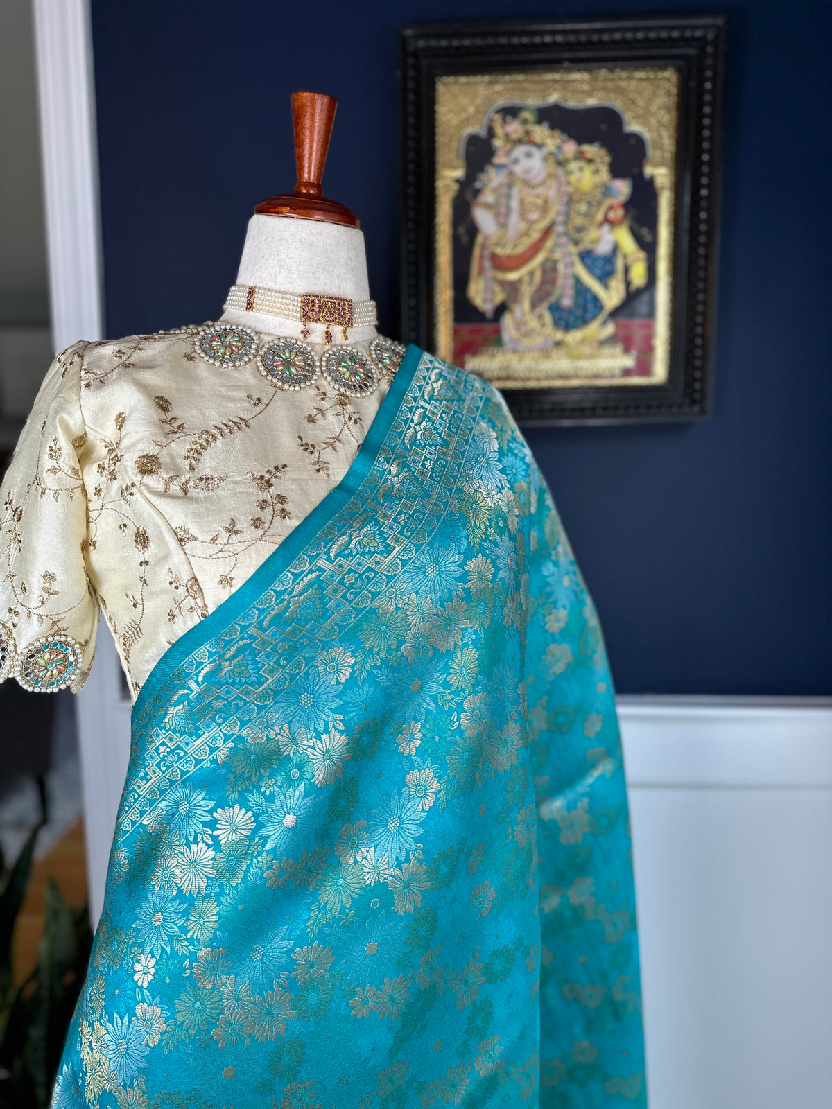 Turquoise Blue Banarasi handloom saree with silver and gold Sona Rupa zari border