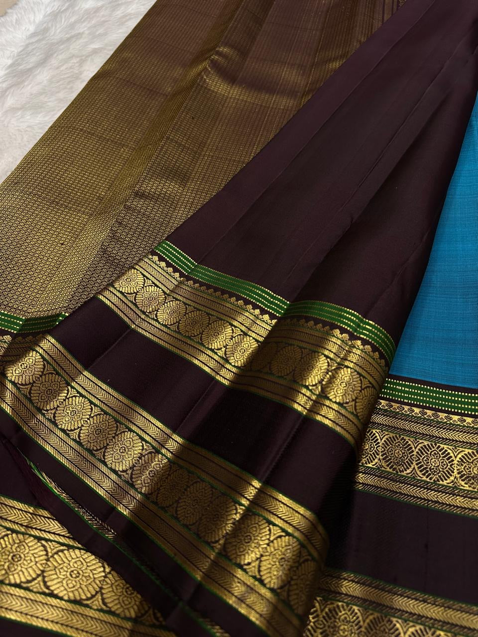 Dense gold zari pallu on the turquoise blue Kancheepuram rettapet saree.