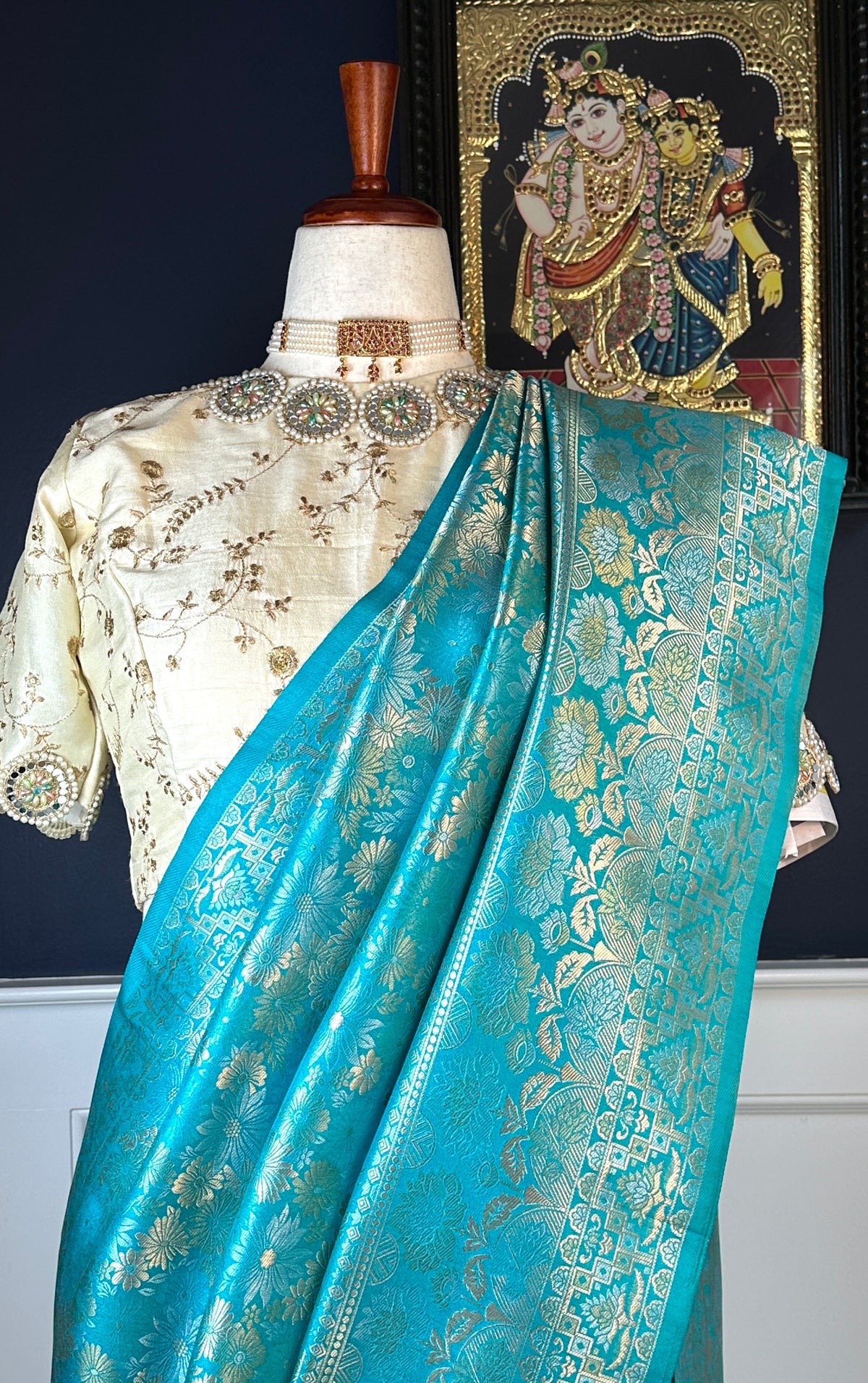 Handwoven raindrop buttas on Turquoise Blue Pure Katan Silk Banarasi saree