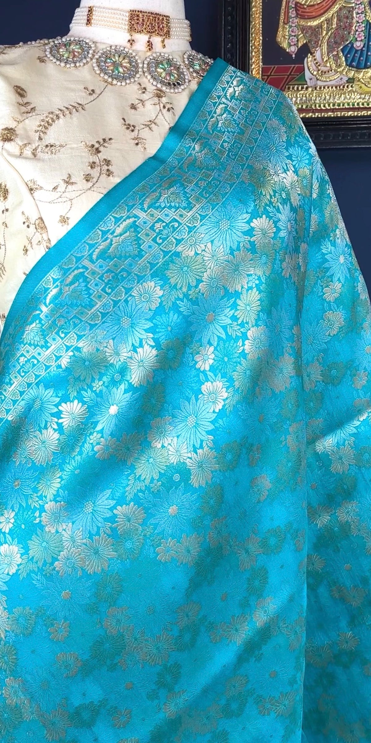 Full drape of Turquoise Blue handwoven Banarasi silk saree by Idam Living