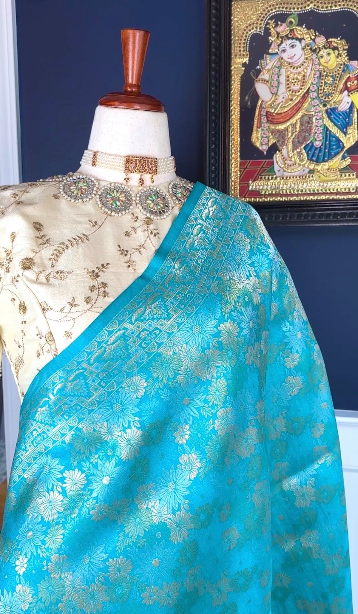Turquoise Blue Pure Katan Silk Banarasi saree with Sona Rupa silver gold zari raindrop buttas – Idam Living