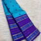 Turquoise Blue pure silk Kanchi Pattu saree, Varisaipet weave with Royal Purple border — full drape view