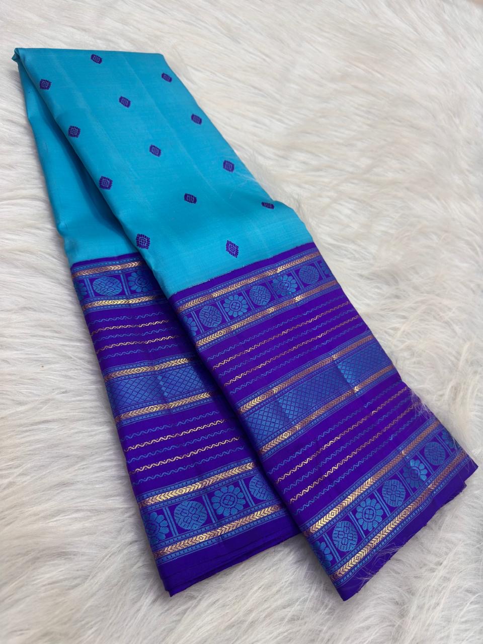Turquoise Blue pure silk Kanchi Pattu saree, Varisaipet weave with Royal Purple border — full drape view
