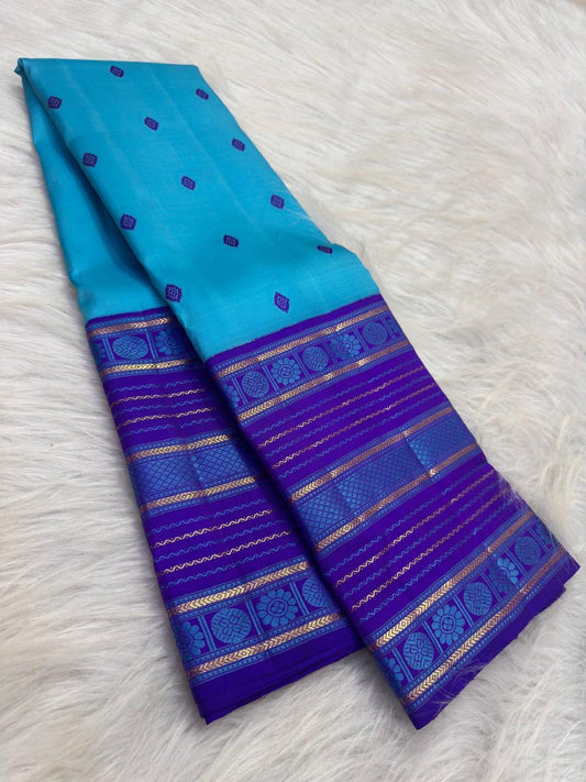 Turquoise Blue pure silk Kanchi Pattu saree, Varisaipet weave with Royal Purple border — full drape view