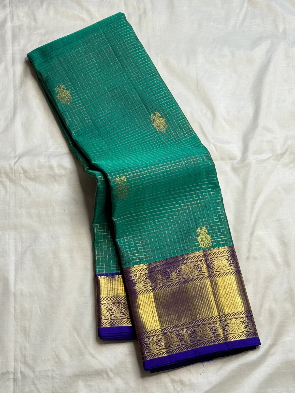 Turquoise green Pure Silk Kanjivaram Zari Kattam saree
