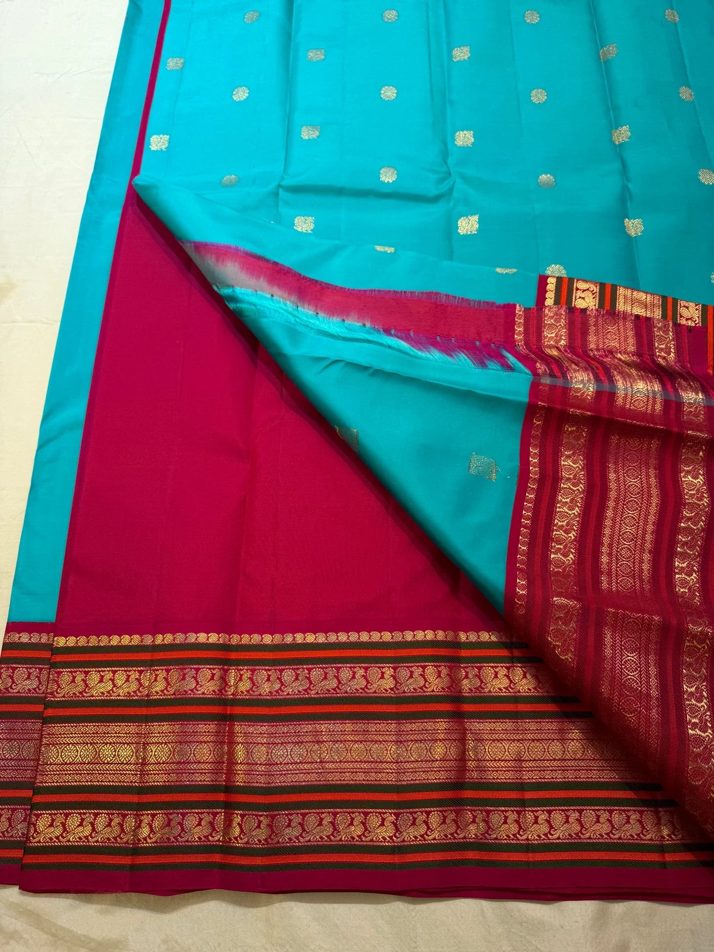 Turquoise Handwoven Pure Silk Kanchipuram Saree with Maroon Varisaipet Border
