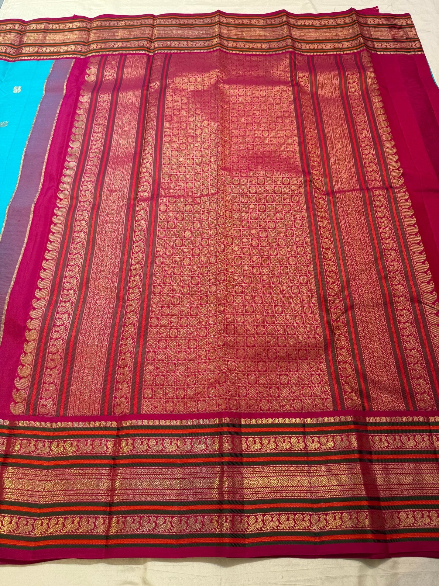 Turquoise Handwoven Pure Silk Kanchipuram Saree with Maroon Varisaipet Border