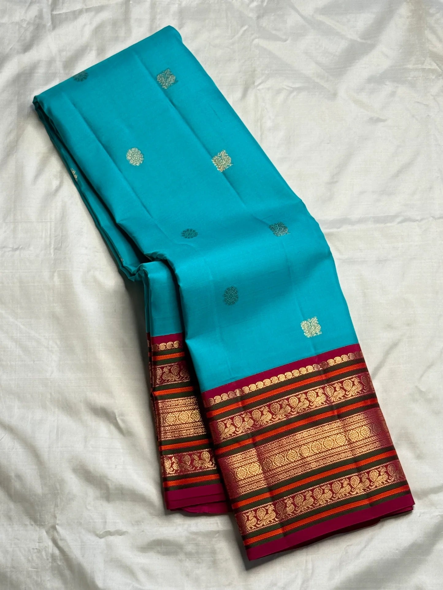 Turquoise Handwoven Pure Silk Kanchipuram Saree with Maroon Varisaipet Border