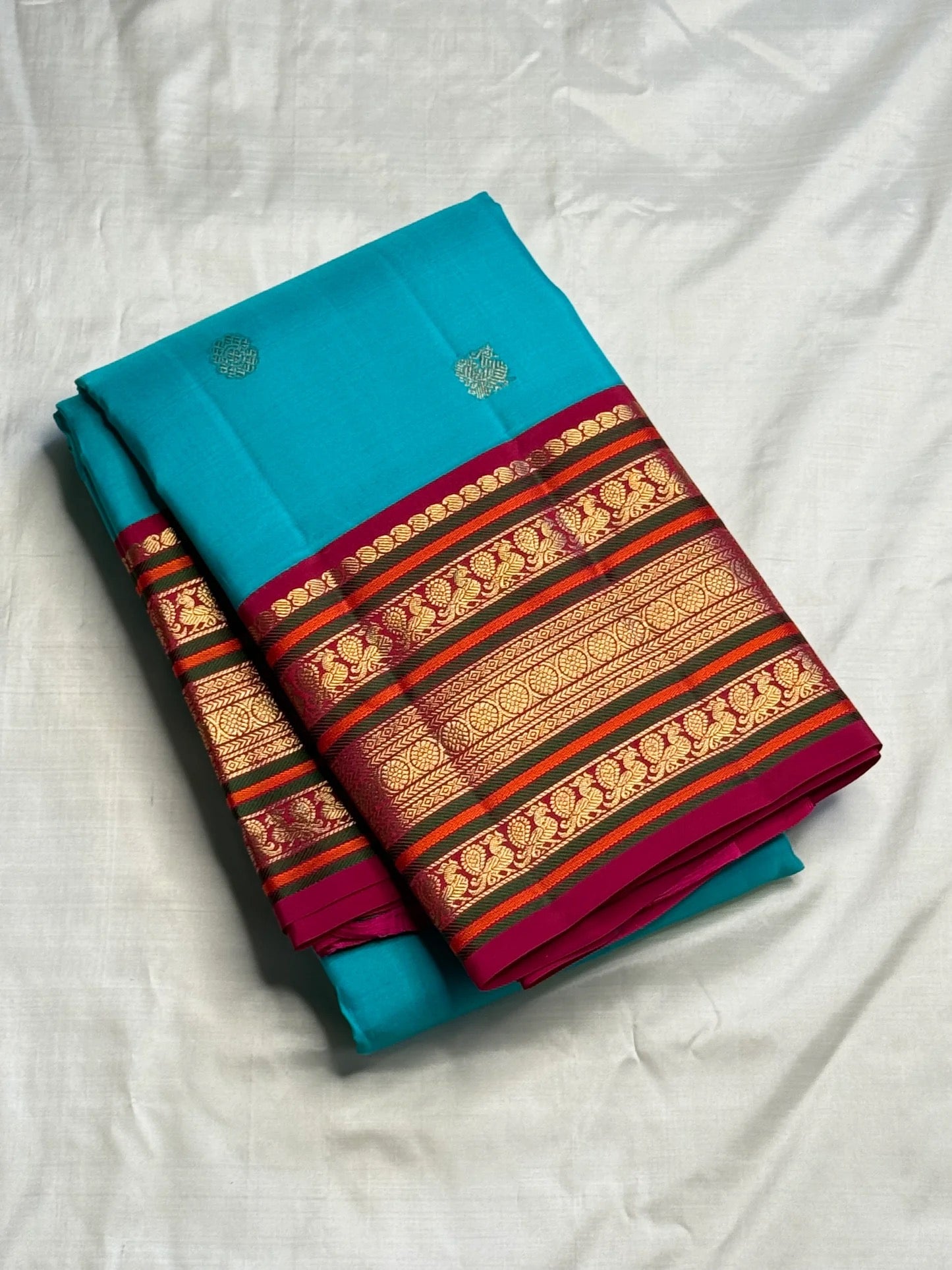 Turquoise Handwoven Pure Silk Kanchipuram Saree with Maroon Varisaipet Border