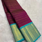 Deep Plum Handwoven Pure Silk Kancheepuram Korvai Saree with Turquoise Zari Border and Veldhari Lines