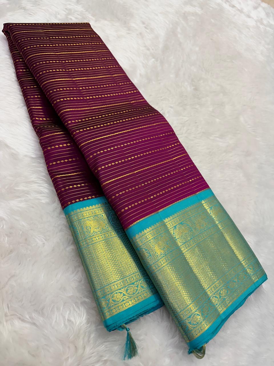 Deep Plum Handwoven Pure Silk Kancheepuram Korvai Saree with Turquoise Zari Border and Veldhari Lines