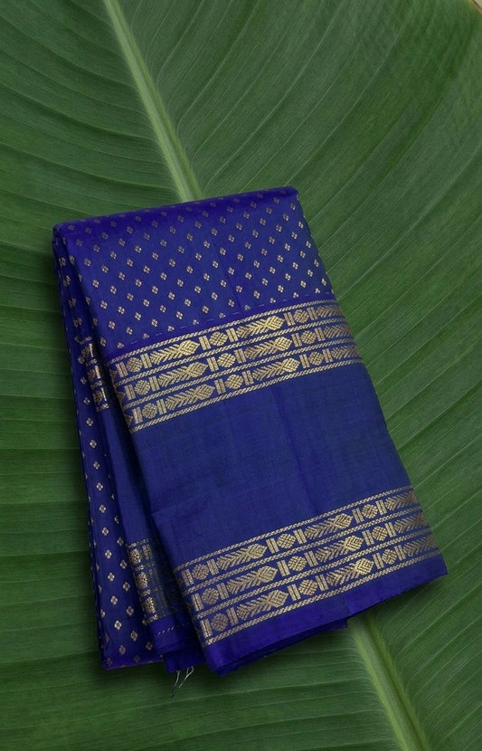 Twilight Cobalt Kanchipuram Silk Saree With Dark Royal Blue Rettapet Border And Luminous Gold Detailing