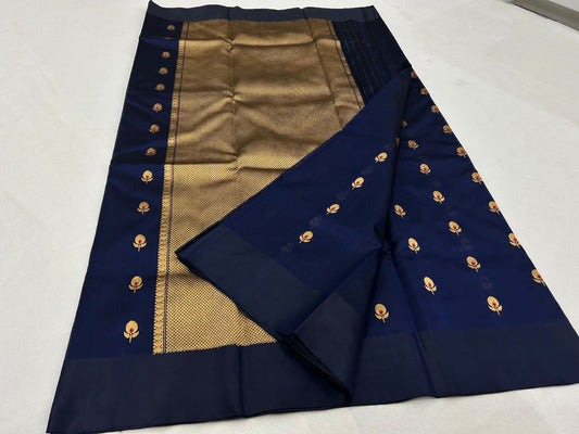 Navy Pure Silk Chanderi Saree drape showcasing Gold Butta Border