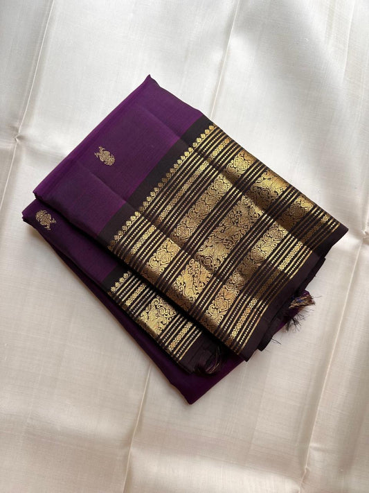 Twilight Vadamalli Purple Handwoven Pure Silk Kanchipuram Saree with Gandaberunda Zari Buttas and Antique Gold Border