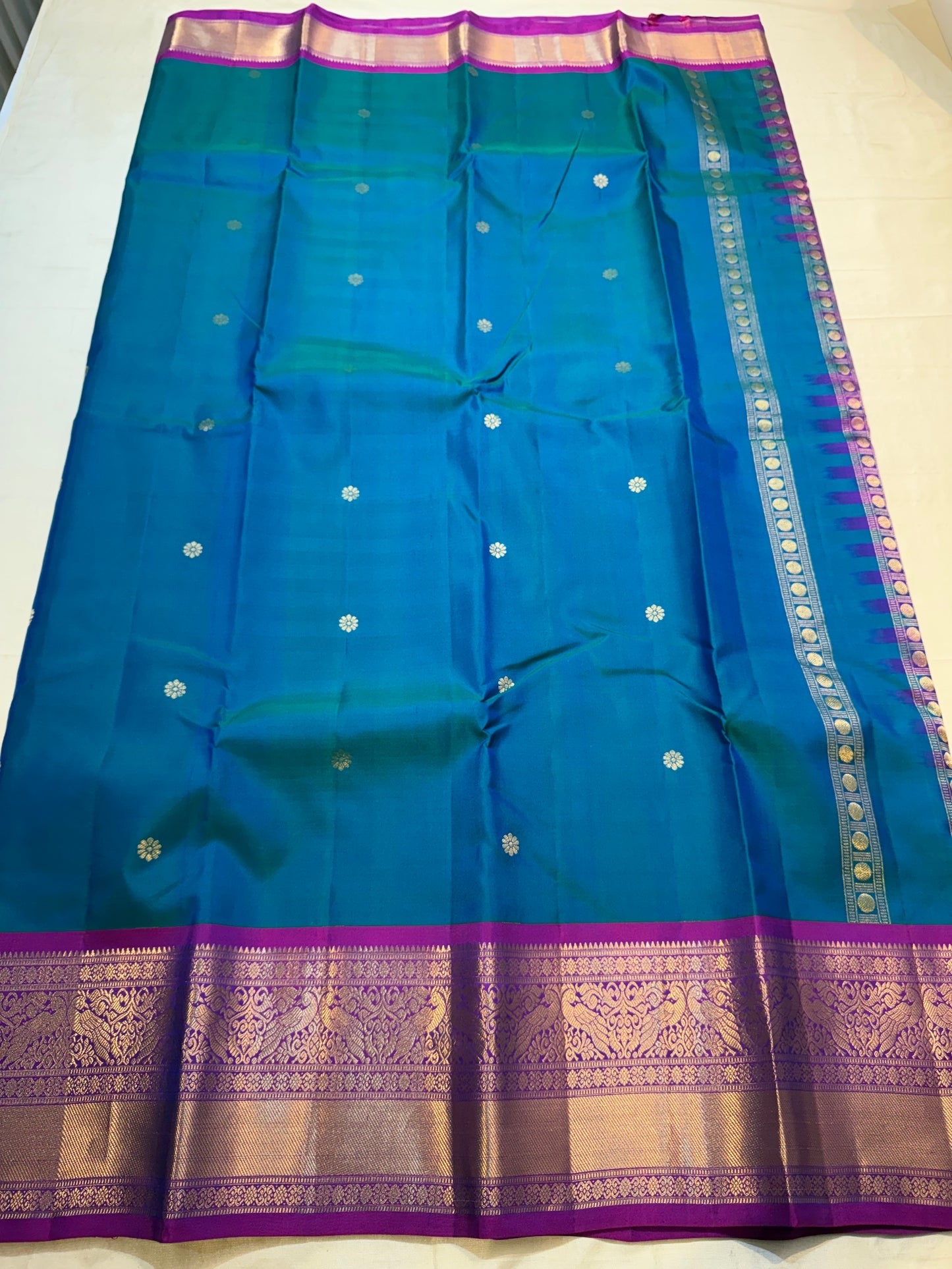 Peacock Blue pure silk Kancheepuram saree — twin peacock korvai border