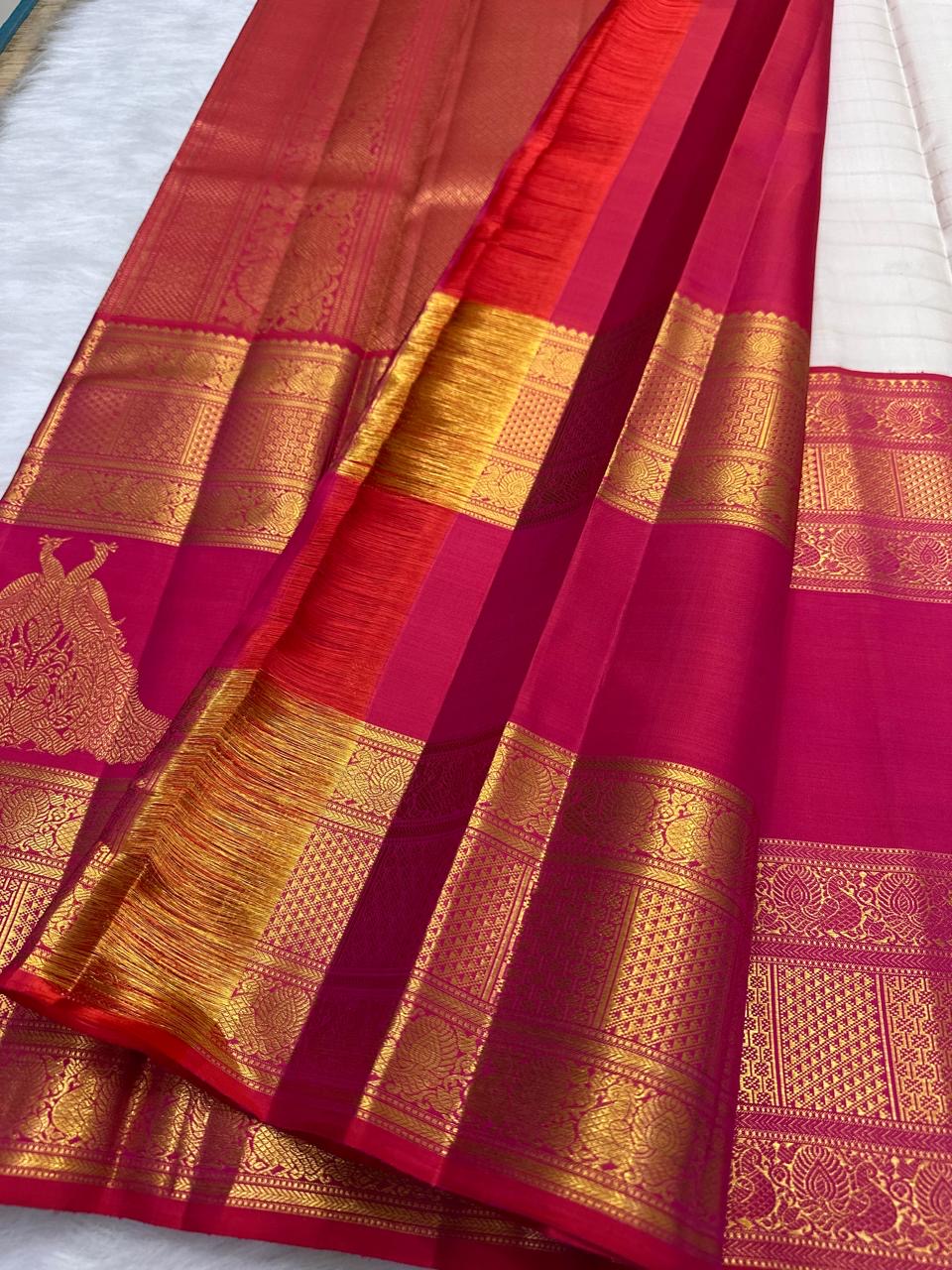 Ivory pure silk Kanjivaram saree — twin peacock rettapet