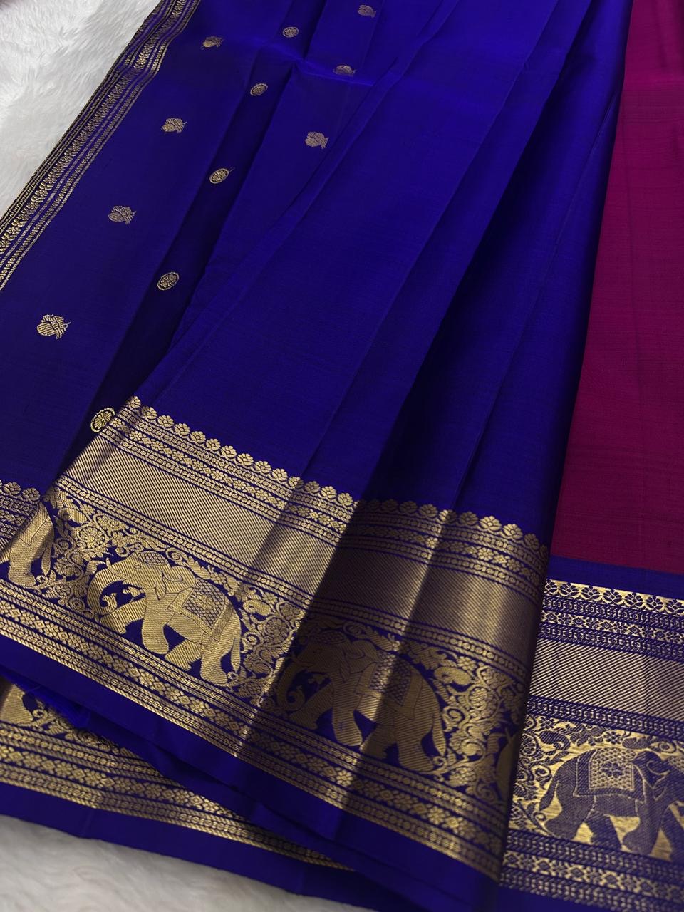 Kanchipattu silk saree in korvai with vadamalli pink border weave traditional zari detail