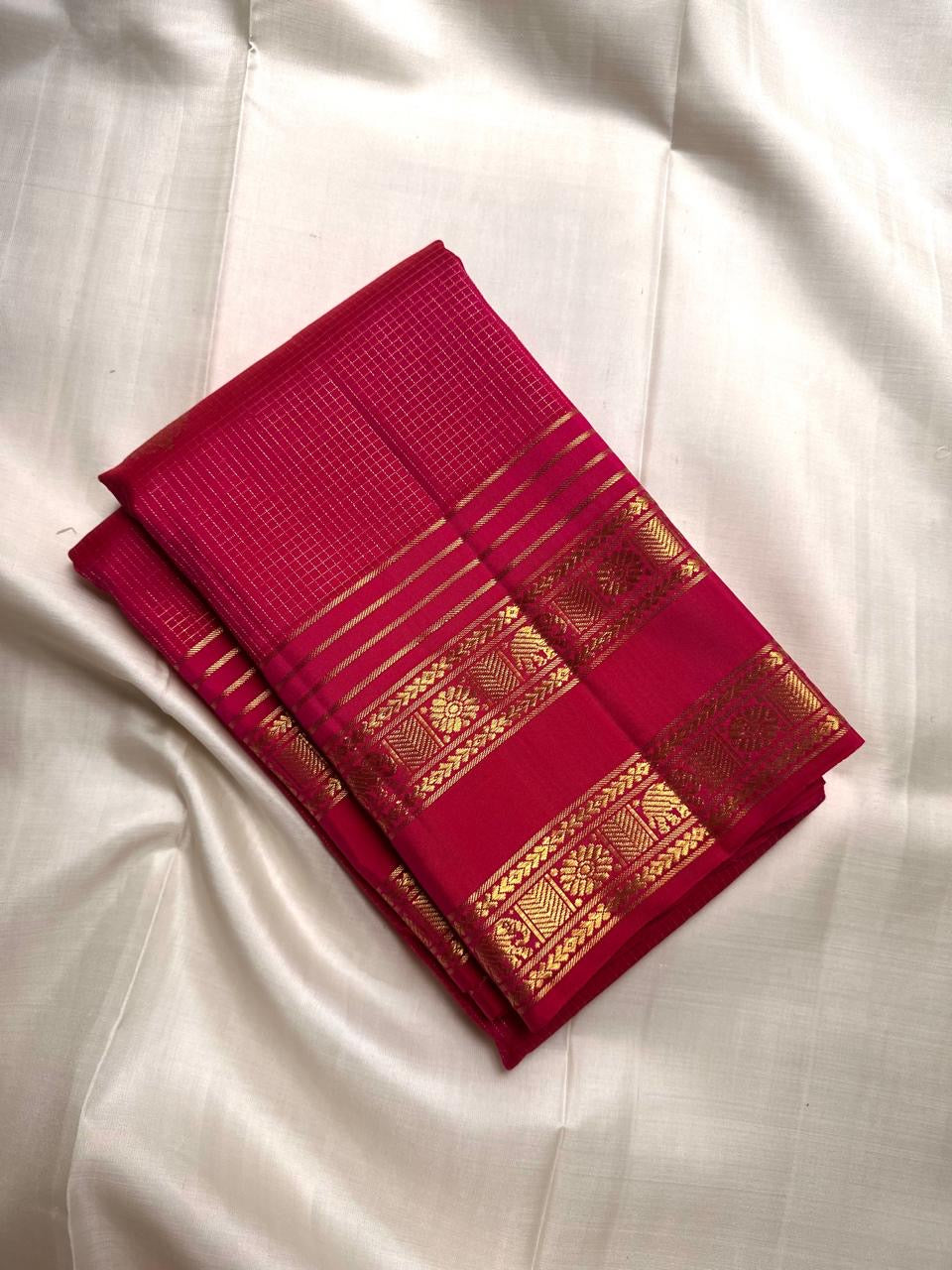 Pomegranate Pink handwoven pure silk Kanjivaram Zari Kattam saree with antique-gold checks and Yanai border.