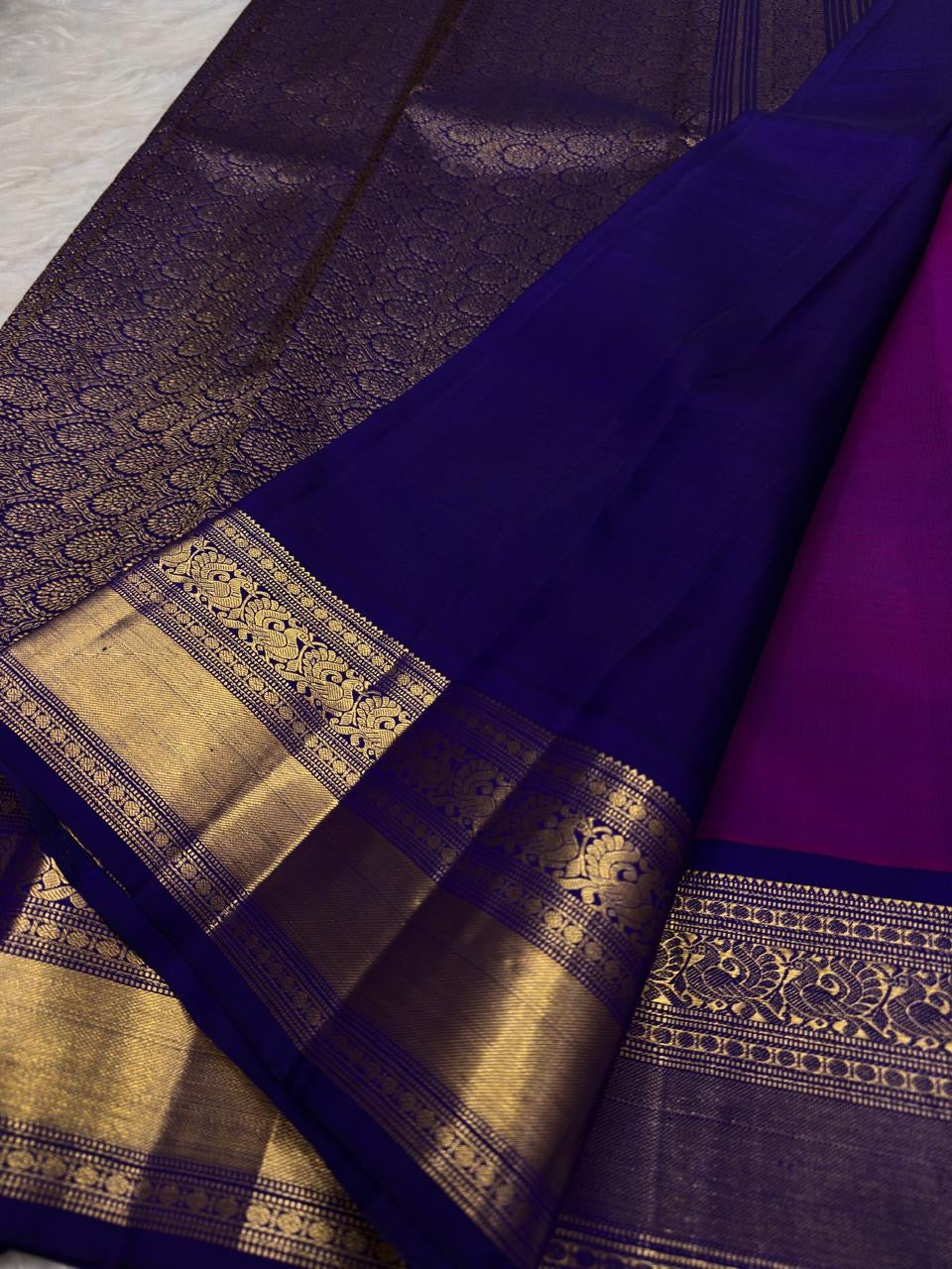 Vadamalli Magenta-Purple Handwoven Pure Silk Kanjipuram Butta Saree with Neelam Gold Zari Border