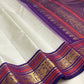 Warm Ivory Handwoven Pure Silk Kanchipuram Saree with Purple Border and Veldhari Detail, body and border detail