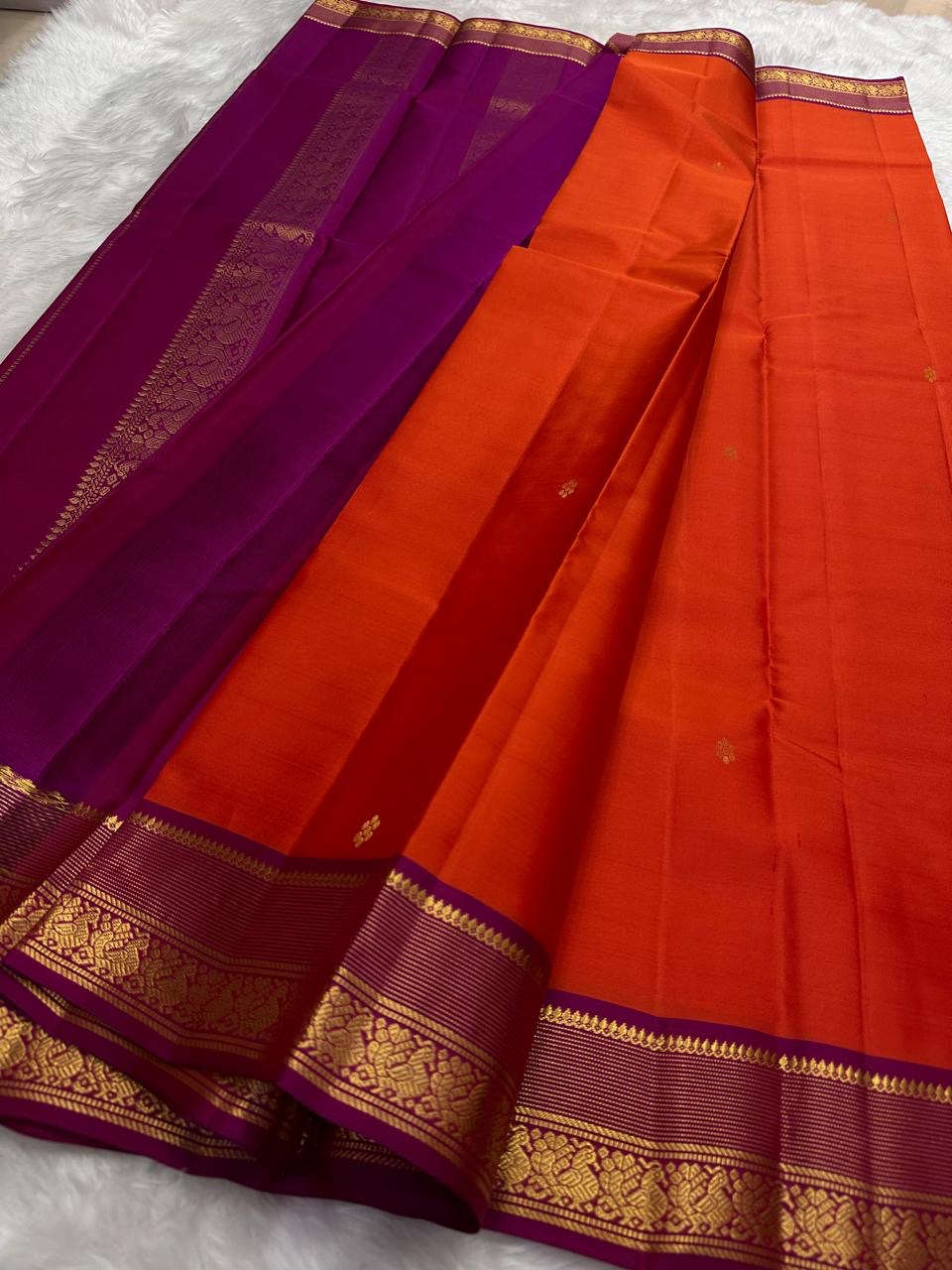 Marigold Orange and Temple Purple Handwoven Lightweight Pure Silk Kanchi Pattu Saree: view 5