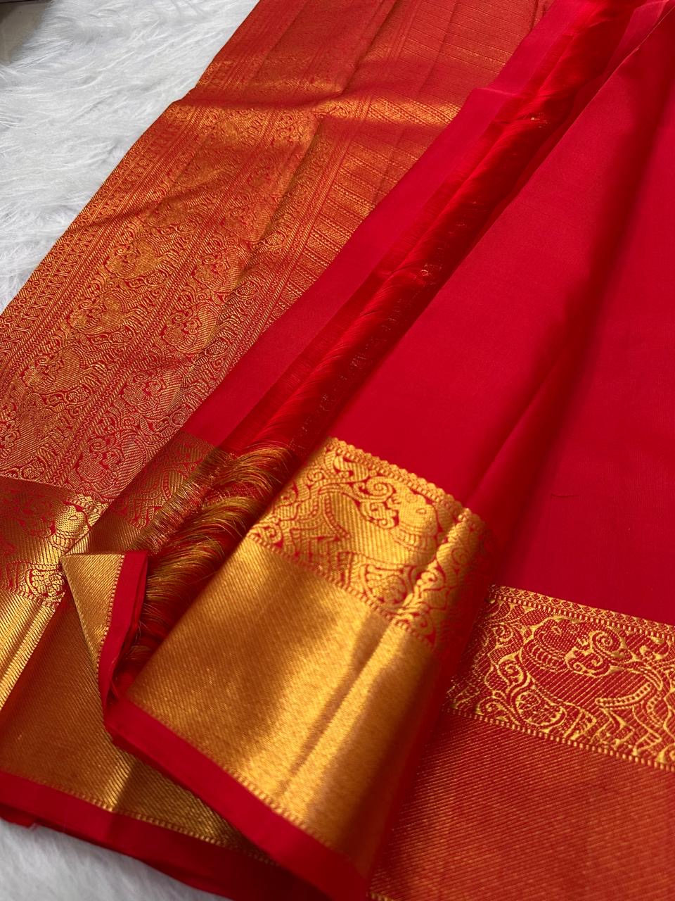 Kumkum Red Floral Jaal Pure Silk Kanchipuram Saree with Grand Gold Peacock & Yazhi Border: view 4