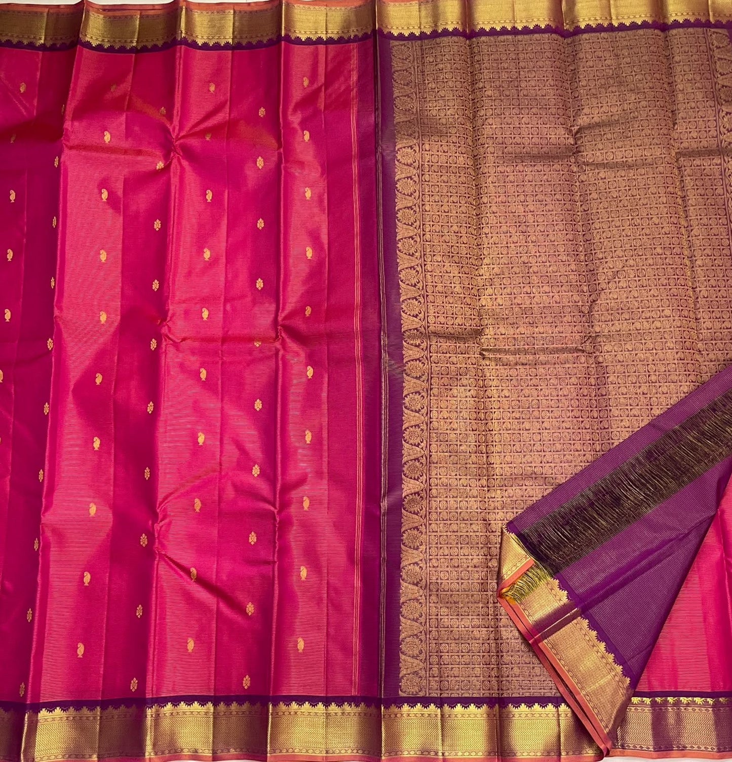 Raspberry Pink Handwoven Pure Silk Kancheepuram Vairaoosi Saree with Gold Zari Buttas and Aubergine Border