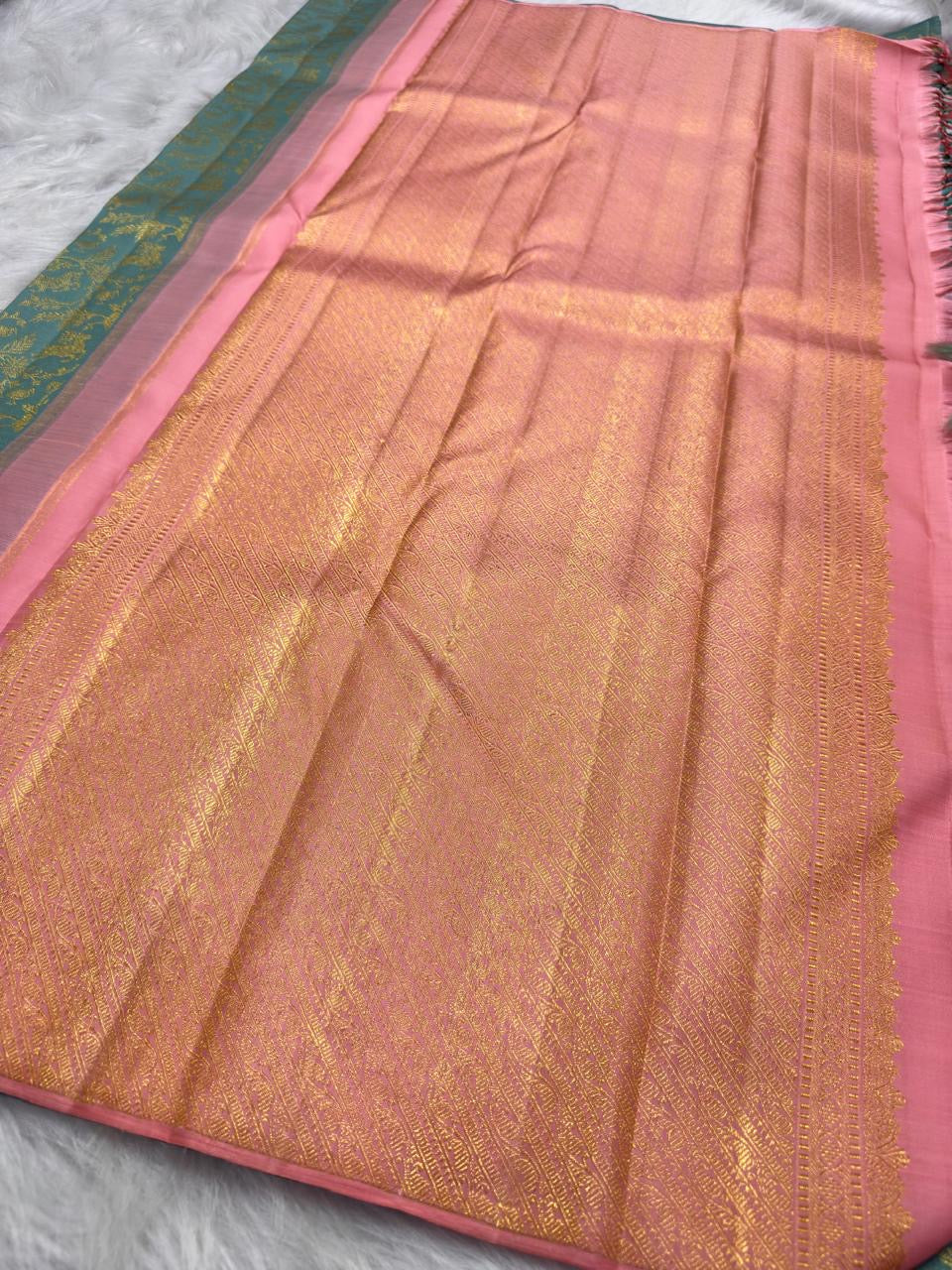 Vanasringaram pallu detail, aqua pure silk Kancheepuram saree