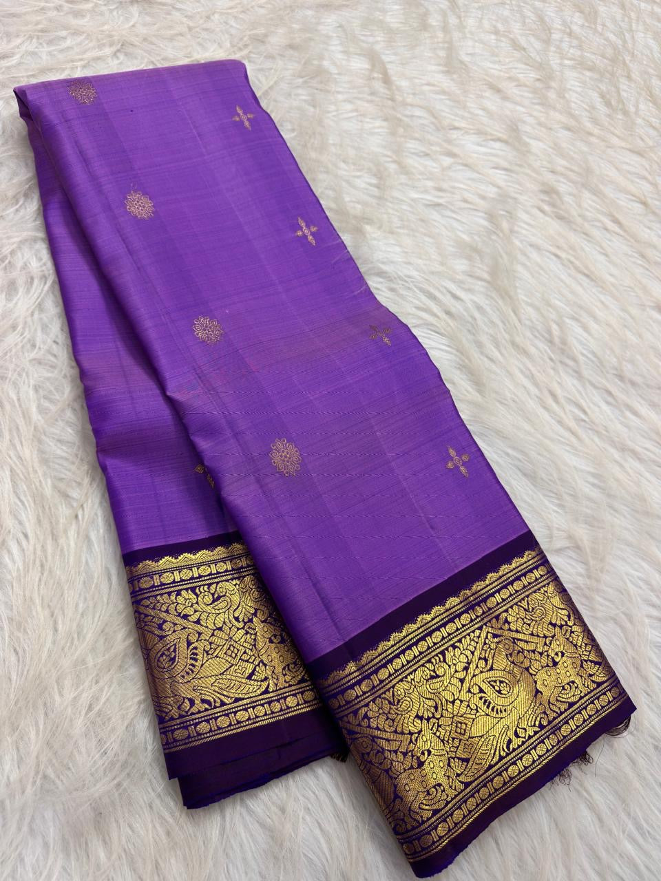 Lavender violet and antique-gold handwoven Kanjivaram silk