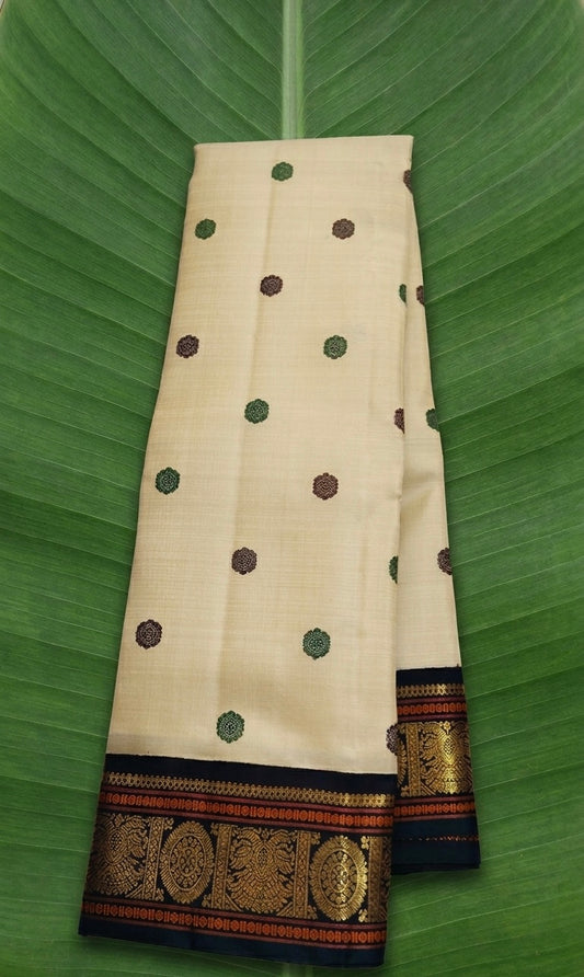 Vanilla Ivory Korvai Kanchipuram Silk Saree with Forest Emerald and Aubergine Purple Pure Zari Pallu