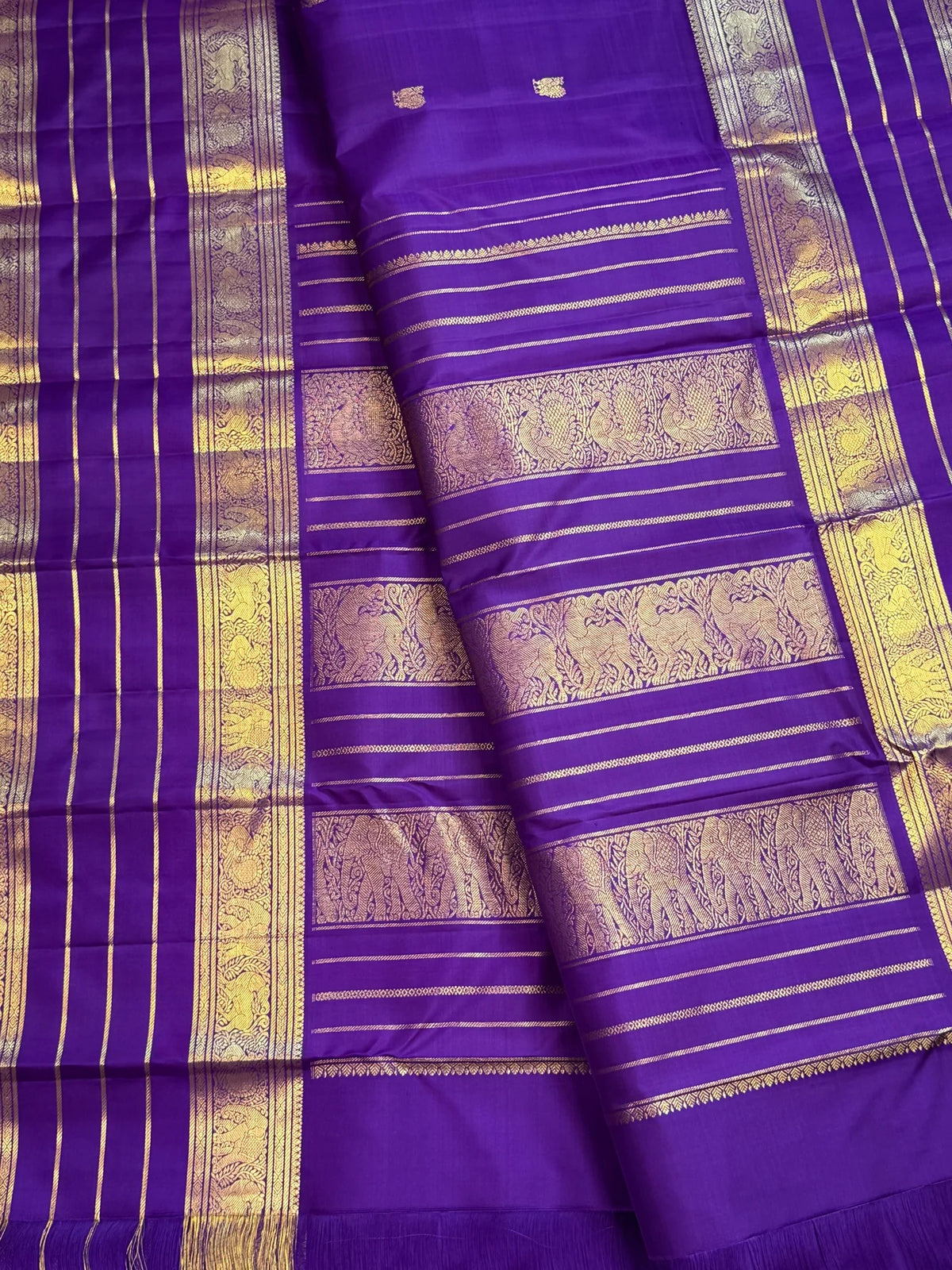 Mayil butta on Royal Purple Varisaipet Kancheepuram silk saree - Idam Living