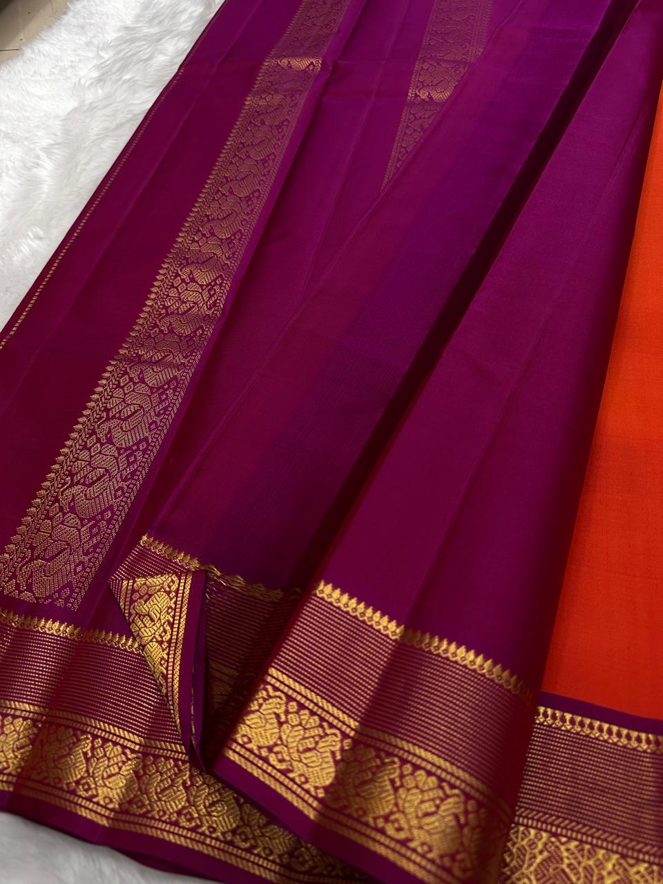 Marigold Orange and Temple Purple Handwoven Lightweight Pure Silk Kanchi Pattu Saree: view 3