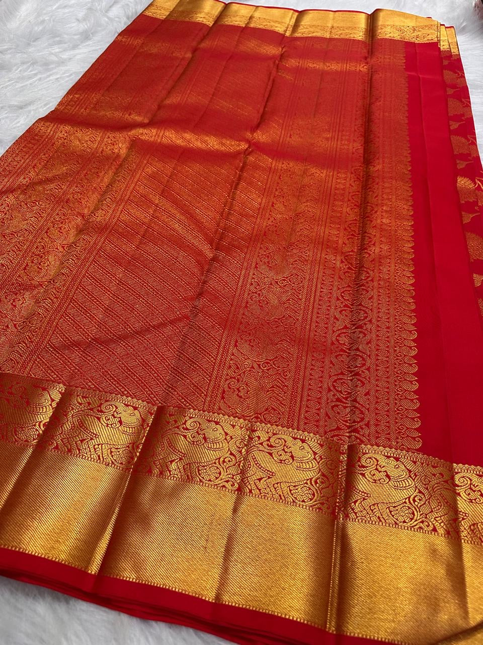 Kumkum Red Floral Jaal Pure Silk Kanchipuram Saree with Grand Gold Peacock & Yazhi Border: view 3