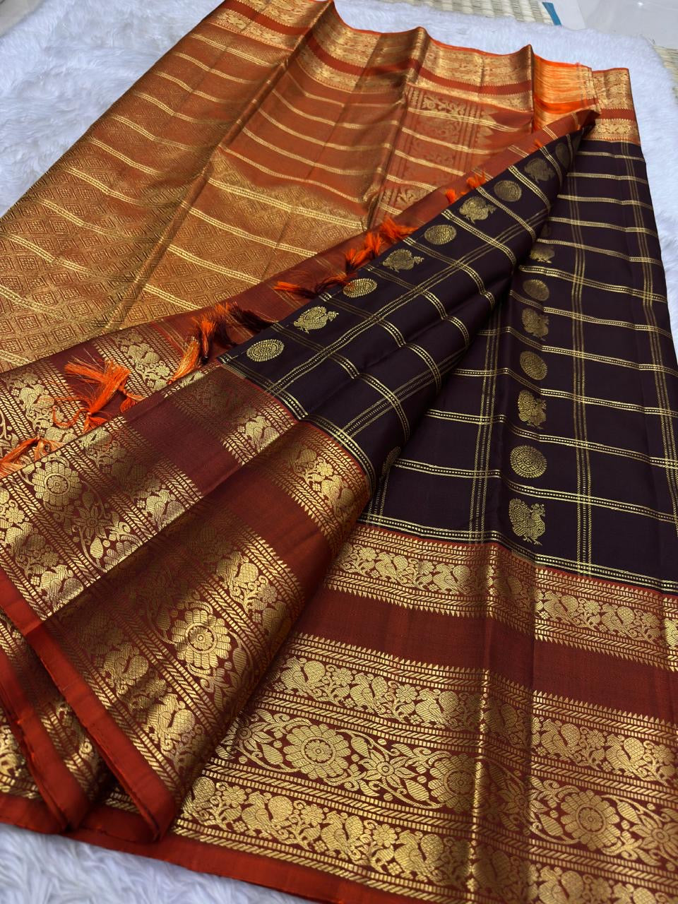 Kanchipattu silk saree in dark cocoa brown with burnt orange border Varisaipet Korvai weave traditional zari detail