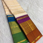 VarnaJaalam Warm Ivory Pure Silk Kanchipuram saree with multiple handwoven zari motif stripes and purple orange border.