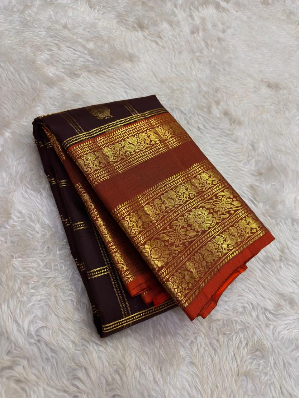 Kanchipattu silk saree in dark cocoa brown with burnt orange border Varisaipet Korvai weave traditional zari detail