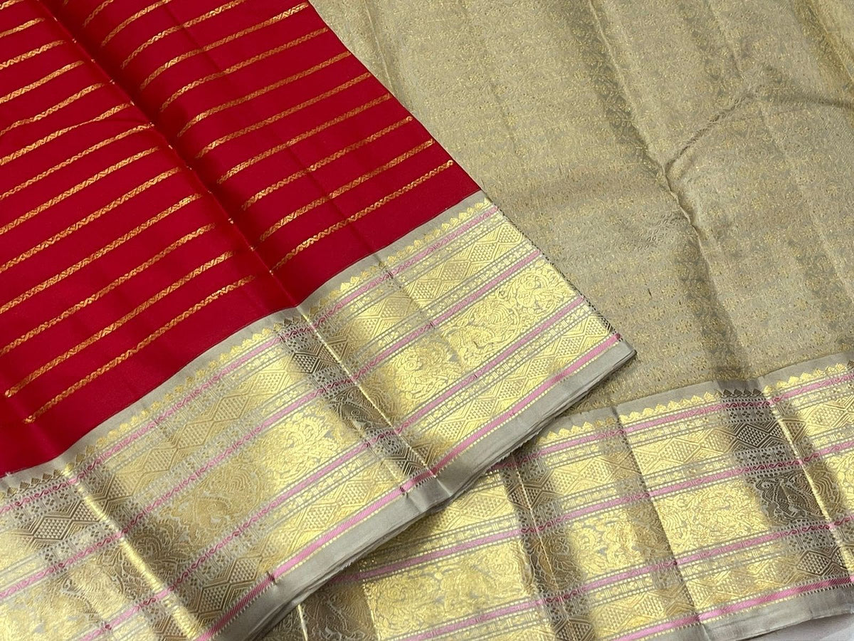 Veldhari striped Kanjivaram silk saree in red