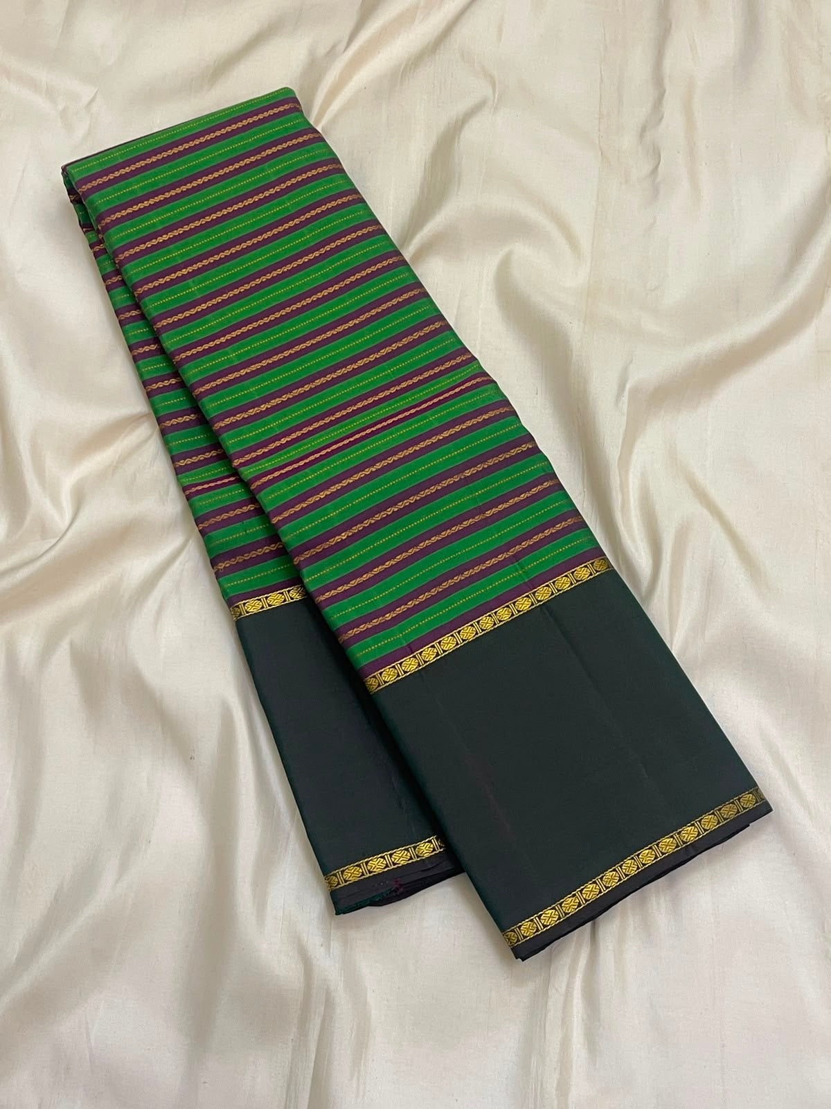 Parrot Green and Deep Purple Handwoven Pure Silk Kanjipuram Rettapet Saree with Veldhari Vazhaipoo Stripes