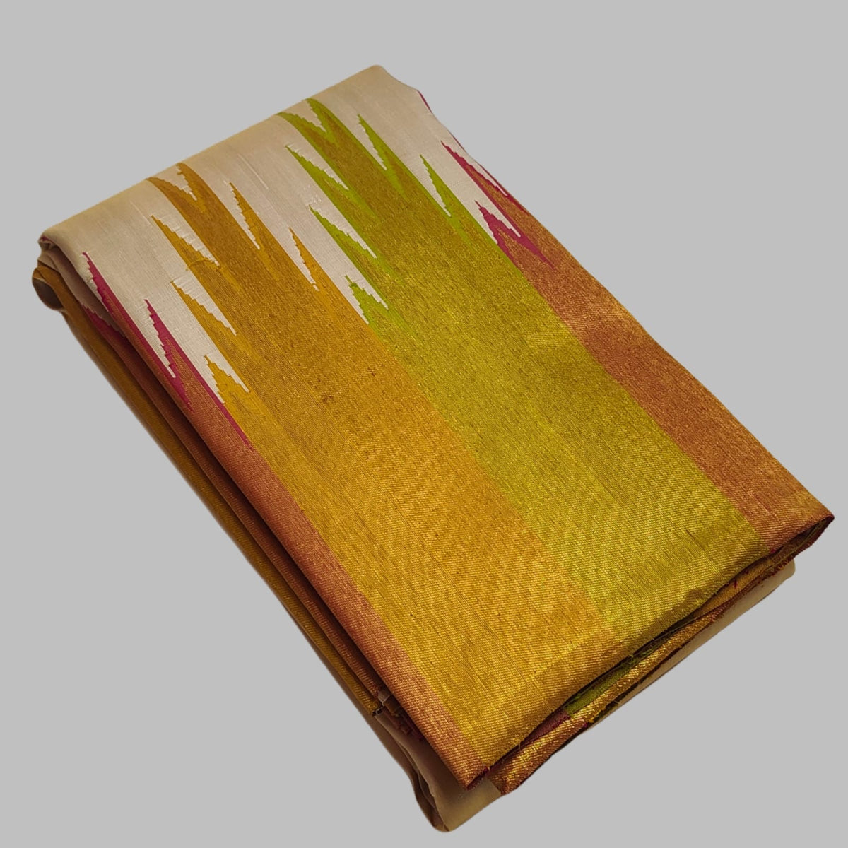 Venpattu Ivory Pure Silk Kanchipuram Ettukol Saree with Multicolour Temple Border
