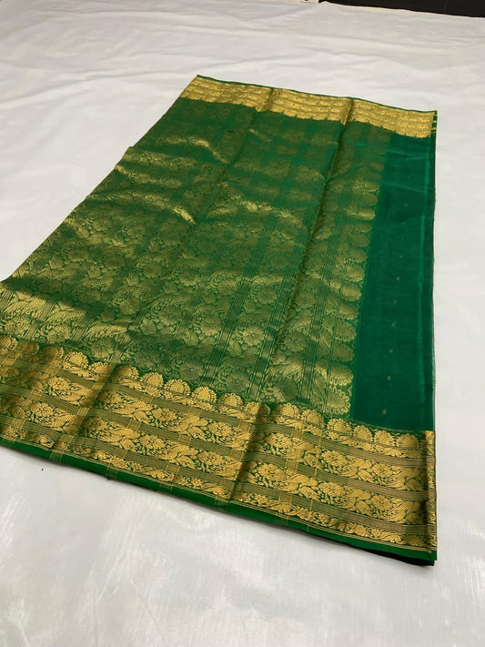 Green Pure Silk Chanderi Saree folded view with Gold Zari Butta Border