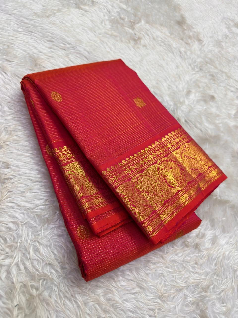 Vermilion Coral pure silk Kanjivaram saree — needle stripe