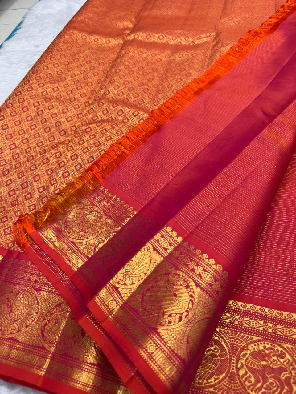 Vermilion Coral pure silk Kanjivaram saree — zari detail